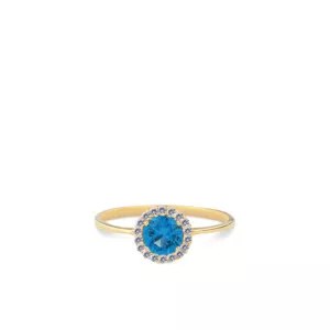 Gouden ring met blauwe zirkonia en entourage
