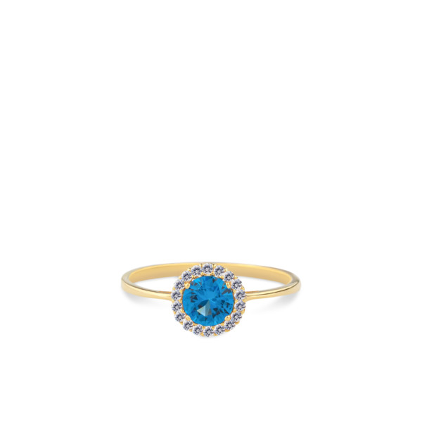Gouden ring met blauwe zirkonia en entourage